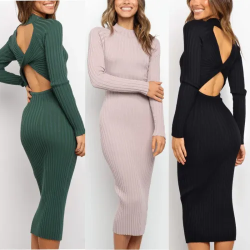 Sexy temperament round neck pit stripe solid color slim fitting dress