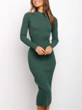 Sexy temperament round neck pit stripe solid color slim fitting dress