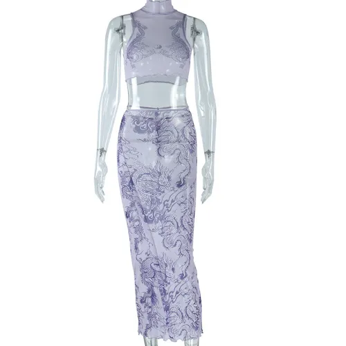 Printed Pullover Sleeveless Tank Top Wrapped Hip Half Dress Two Piece Set