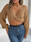 Sexy casual knotted V-neck lantern sleeves with exposed navel sweater