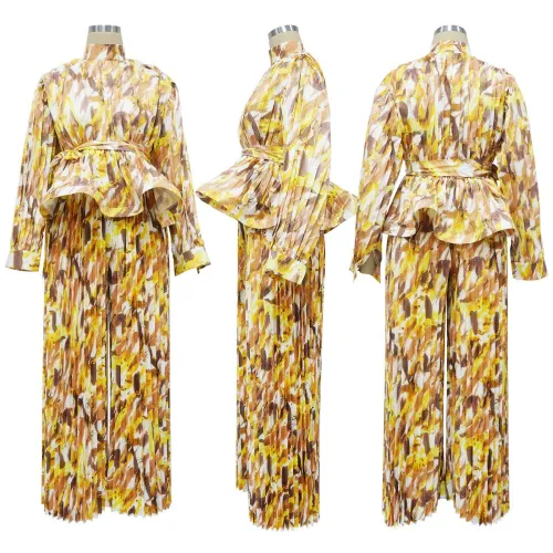 Women's lantern long sleeved wide leg pants printed casual two-piece set