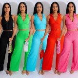 Women's solid V-neck sleeveless wide leg pants two-piece set