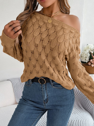 Feather Hollow Out One Line Neck Off Shoulder Lantern Sleeve Sweater