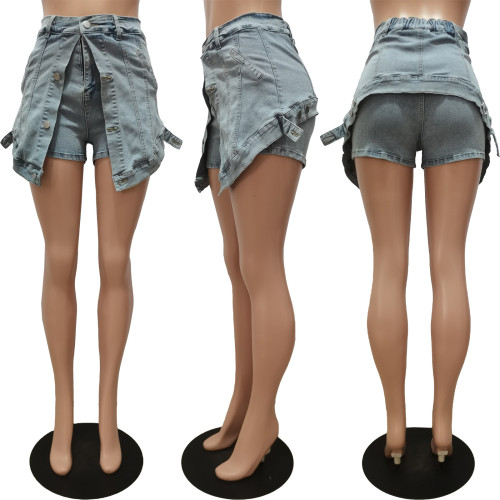 Women's elastic denim button fake two-piece elastic waist denim short skirt pants