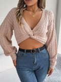 Sexy casual knotted V-neck lantern sleeves with exposed navel sweater
