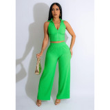 Women's solid V-neck sleeveless wide leg pants two-piece set
