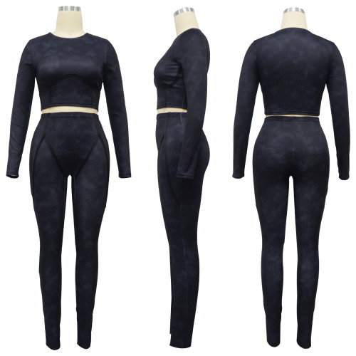 Women's tight fitting sexy pit stripe long sleeved sports two-piece set