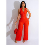 Women's solid V-neck sleeveless wide leg pants two-piece set