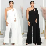 Asymmetric One Shoulder Hollow Out Flying Sleeve Wrap Hip Elastic Jumpsuit
