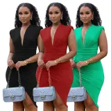 V-neck low cut pleated sleeveless irregular dress