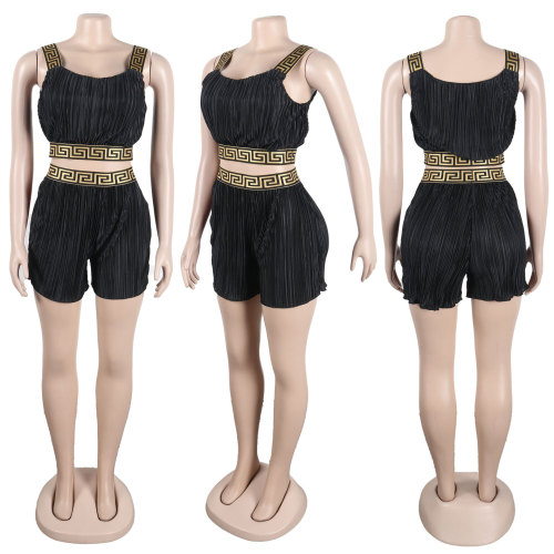 Sexy slim fitting pleated webbing patchwork suspender shorts two-piece set