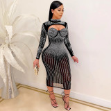 Mesh Perspective Hot Diamond Embedding Diamond Sling Dress