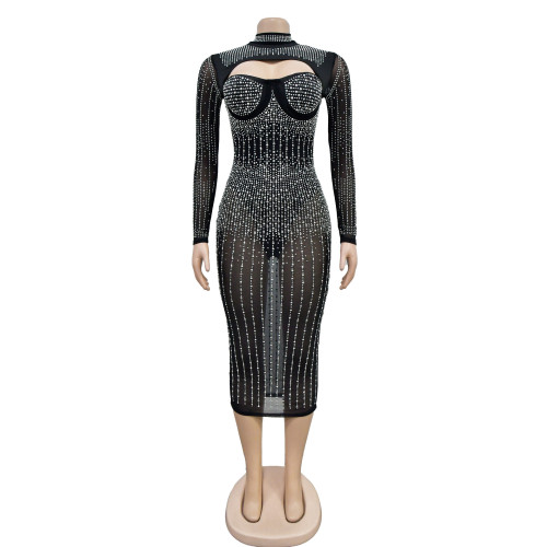 Mesh Perspective Hot Diamond Embedding Diamond Sling Dress