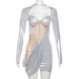 Irregular stitching sexy hollow out long sleeved slim fitting dress