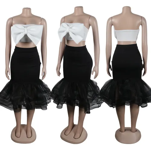 Sexy Slim Fit Contrast Color Bra Bow Mesh Wrap Hip Skirt Set