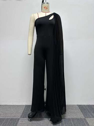 Asymmetric One Shoulder Hollow Out Flying Sleeve Wrap Hip Elastic Jumpsuit
