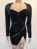 Slim Fit Sexy Wrapped Hip Split Large Neck Tight Elastic Sequin Dress