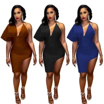 Open Back V-Neck Single Sleeve Split Women's Dress