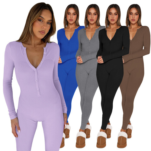 Slim fitting knitted threaded long sleeved jumpsuit