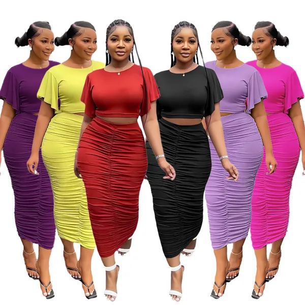 Two piece ruffled short sleeved pleated hip wrap skirt set