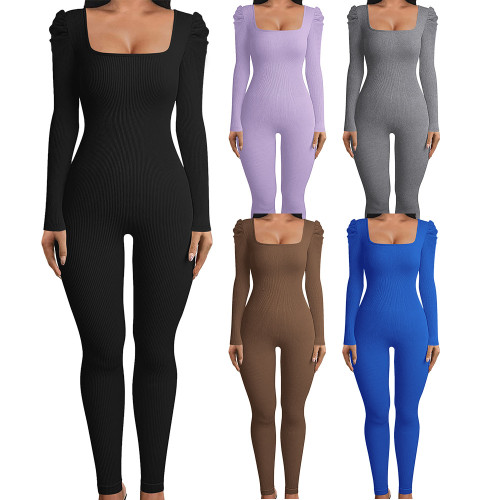 Square neck bubble sleeved long sleeved sexy slim fitting jumpsuit