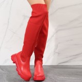 Oversized long boots, over the knee, round toe fly knit thick soled boots