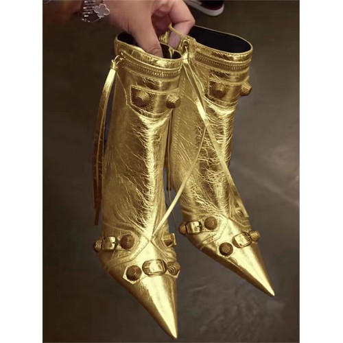 Pointed thin heeled high heeled women's boots with metal buckle high barrel tassel boots short style