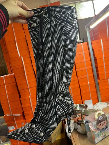 Pointed Thin Heel Ultra High Heel Side Zipper Rivet Water Diamond Hot Diamond Knee Long Boots