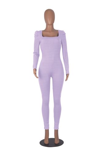 Square neck bubble sleeved long sleeved sexy slim fitting jumpsuit