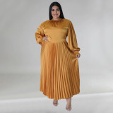 Pleated round neck long dress with long sleeves