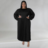 Pleated round neck long dress with long sleeves