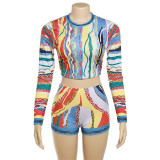 Digital printed casual long sleeved top sexy buttocks shorts set