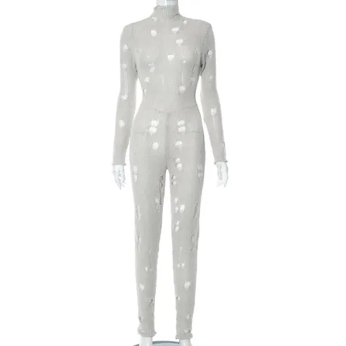 Perforated Long Sleeve Back Strap Woolen Long jumpsuit