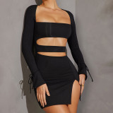 Long sleeved U-neck hollowed out short spicy girl dress
