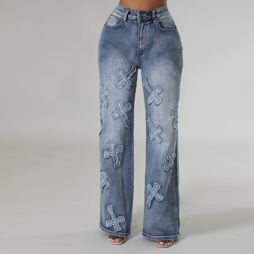 Cross stitching washed pocket jeans