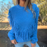Loose fitting long sleeved fringed knit top