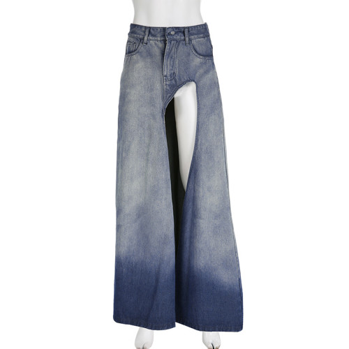 Gradient High Waist Zipper Irregular Split A-line Denim Skirt Long Dress