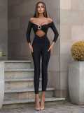 Long sleeved off shoulder hollowed out slim fitting spicy girl jumpsuit