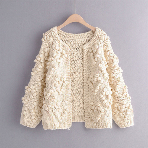 Love Hooked Flower Wool Ball Pure Handmade Stick Knitted Sweater Coat