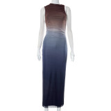 Round neck sleeveless tie dyed mesh long dress