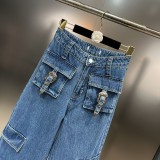 Belt decoration multi pocket workwear pants Spicy girl style jeans