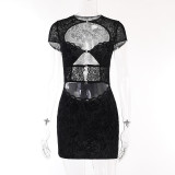Fashionable flocked lace cut out dress