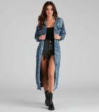 Women's tattered long sleeved denim trench coat cardigan denim cape