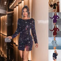 Sequin Multicolor Banquet Long Sleeve Women's Dress