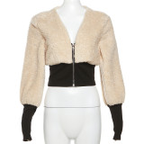 Fashionable Spliced Lamb Wool Slim Fit Jacket Short Coat