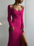 V-neck long sleeved medium length woolen dress
