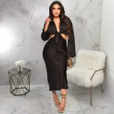 Women's Long sleeved Sexy V-neck Lace Up Waist Skirt Set