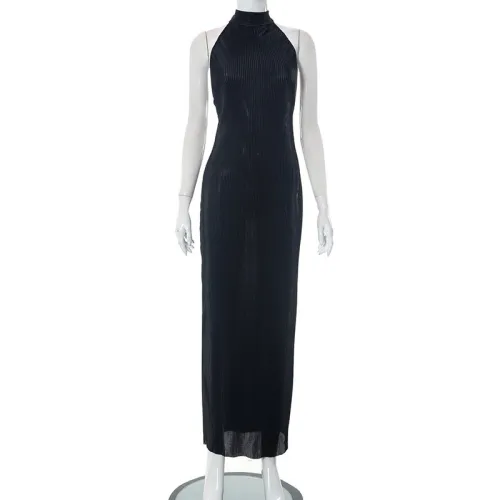 Sleeveless backless halter neck tie slim fitting long dress