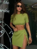 Split Button Short Top Knitted Two Piece Skirt Set