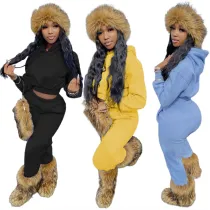 Fashion Thin Fleece Solid Sport Two Piece Set